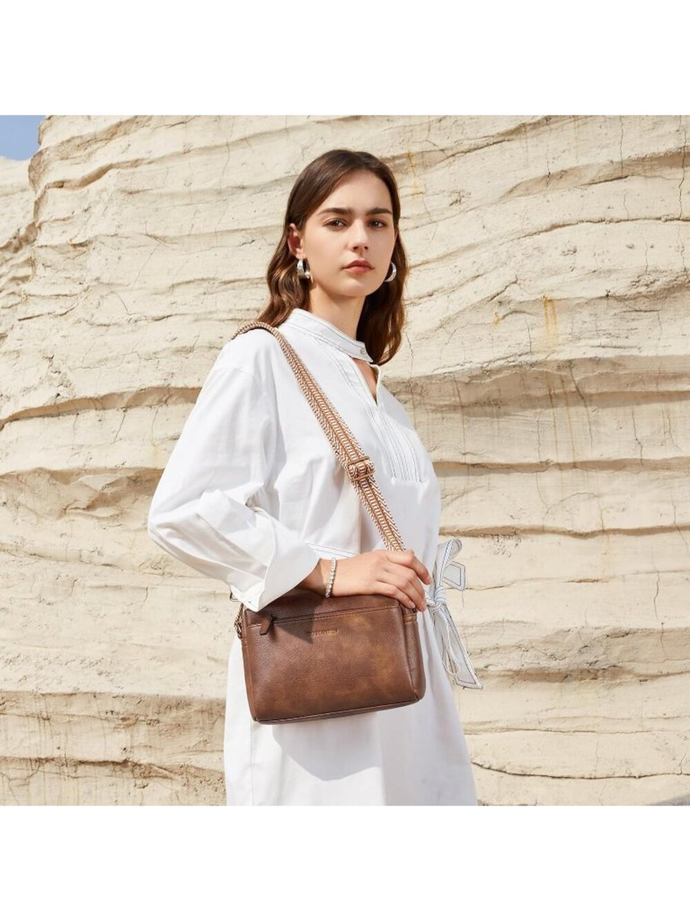 Women's Brown Leather Triple Zip Crossbody Bag Purse with Colored Shoulder Strap - Picture 2 of 6